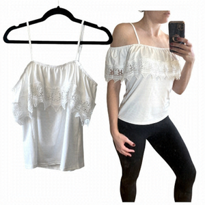 𝅺𝅺⭐️2 FOR $20⭐️ Shein White Off Shoulder Ruffle Crochet Detail Top. Medium.
